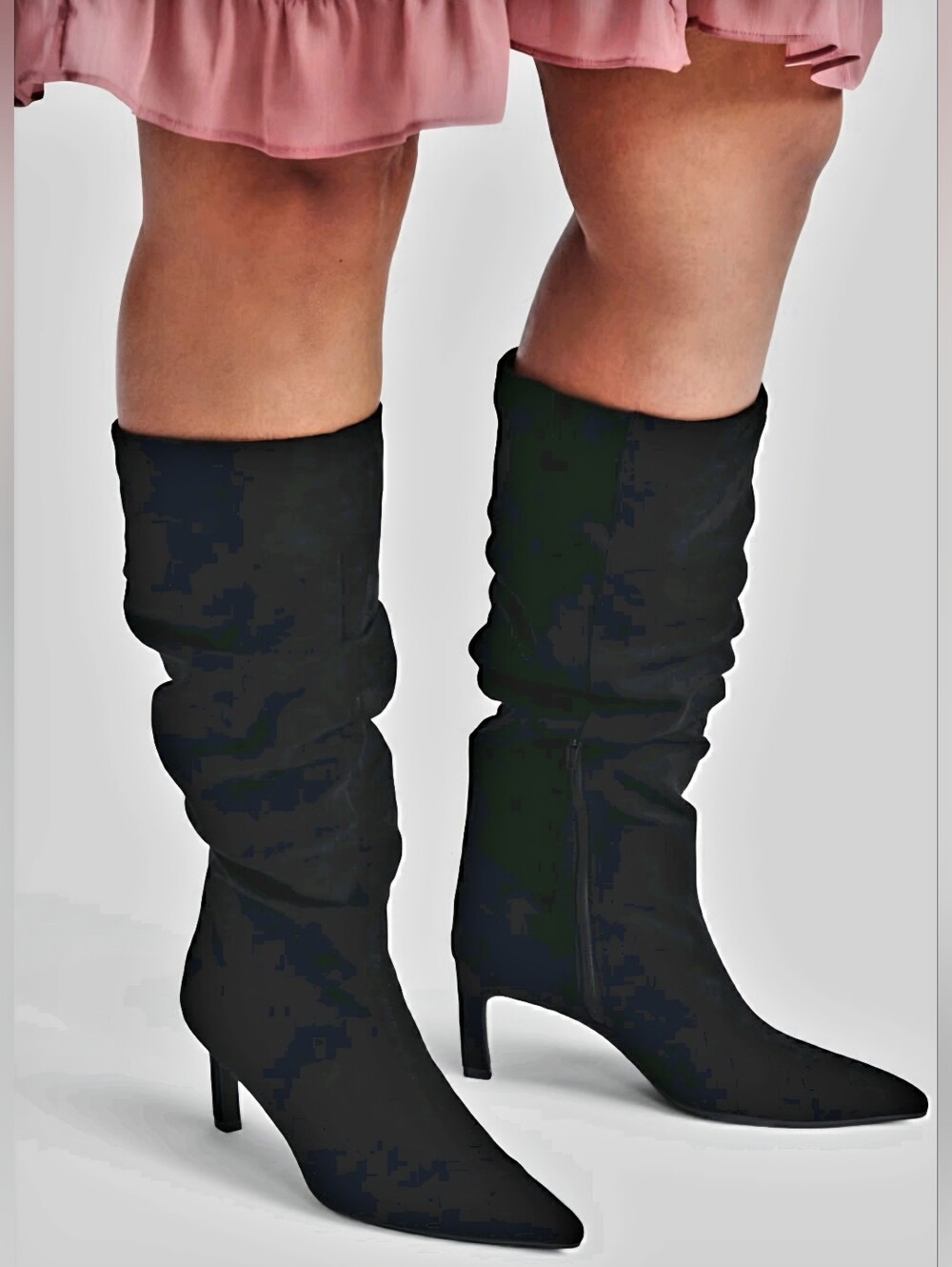 New Women's black Faux Suede Slouch Fall Spring boots with Kitten Heels